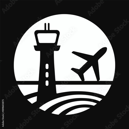 Air Traffic Control Tower and Airplane Silhouette in Circle - Aviation Symbol