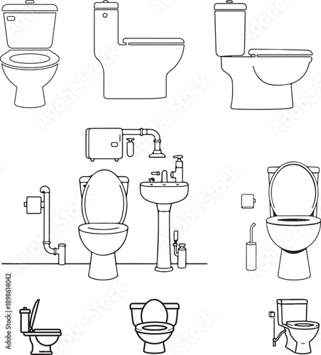 Simple black and white outline vector graphic icon representing a standard modern water closet toilet fixture design for sanitary plumbing illustration