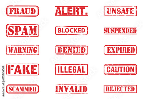 Red rubber stamp vector collection with warning fraud spam and alert text labels