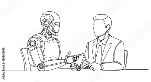 Robot and human in business meeting discussing partnership for corporate training and collaboration in technology
