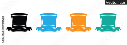 Set of colorful top hats in black, blue, orange, and green for fashion or design projects