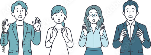驚くビジネスチームのリアクションセット　ショック・想定外の表情イラスト