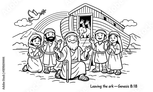 Noah and his family leaving the ark after the flood with a dove and rainbow