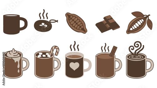 A collection of hot chocolate and coffee icons with various toppings