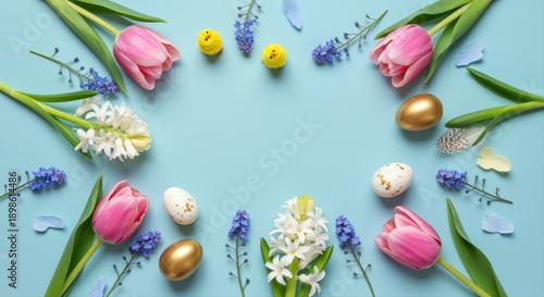 A festive Easter frame of pink tulips, white hyacinths, blue forget-me-nots, golden eggs, and fluffy chicks on a pastel blue background.