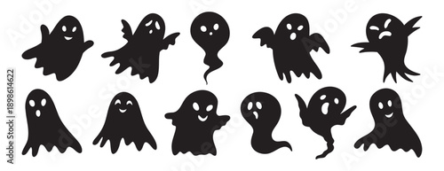 scary funny ghosts silhouette with faces set. Ghost Halloween decorative elements. Halloween silhouettes black ghost character