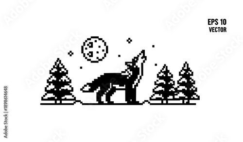 Minimal pixel art wolf moon winter forest vector illustration