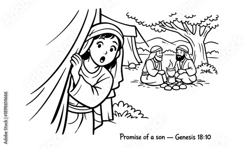Sarah overhears God's promise of a son while hiding behind a tent