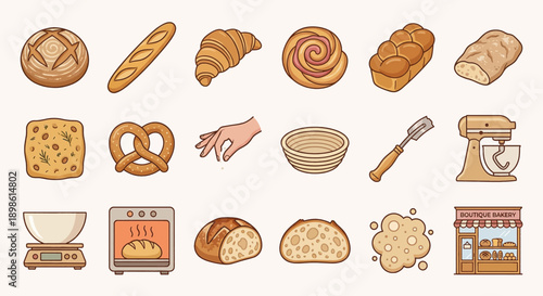 A charming collection of illustrated baking items including various breads, pastry dough, a mixer, an oven, and specialized baking tools on transparent background