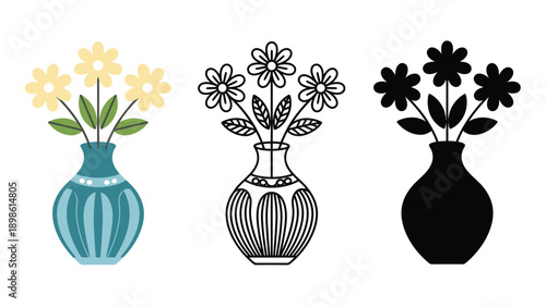Three colorful vases with flowers on a white background