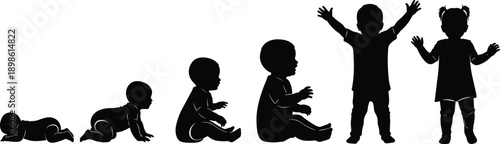 Baby to toddler growth stages silhouette showing child development sequence from crawling infant to standing kids isolated on white background