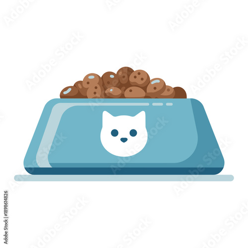 Cartoon blue cat food bowl full of kibble on white background icon