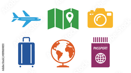 A collection of travel icons for planning a trip abroad