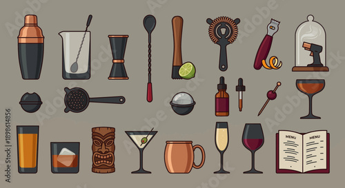 Detailed collection of professional bartending tools, essential mixing implements, various glassware, and garnish accessories for craft cocktails on transparent background