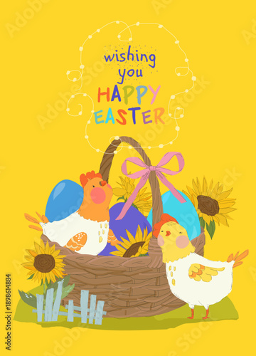 Cute White Hens sitting in Basket With Easter Eggs . Vector Illustration