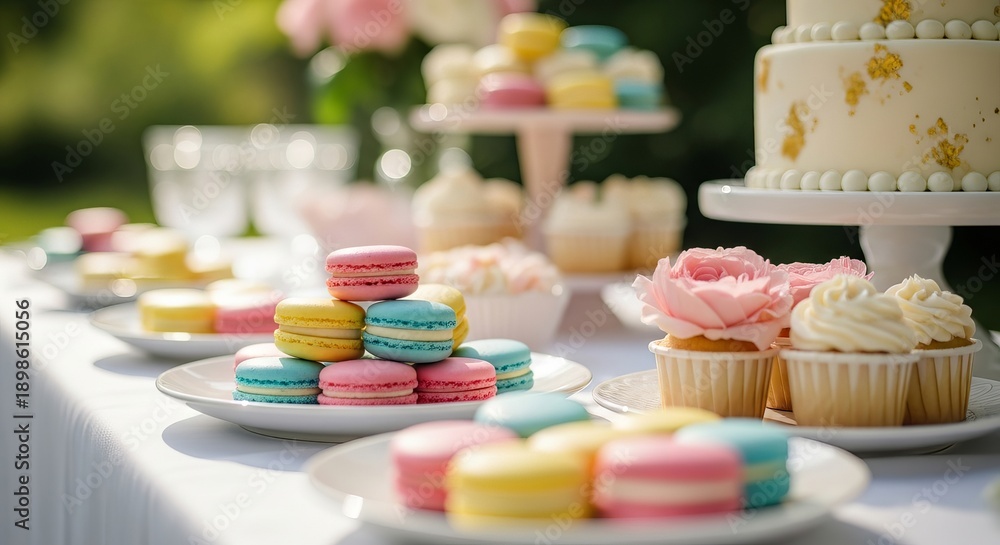 Obraz premium Colorful macarons and cupcakes on table at garden party