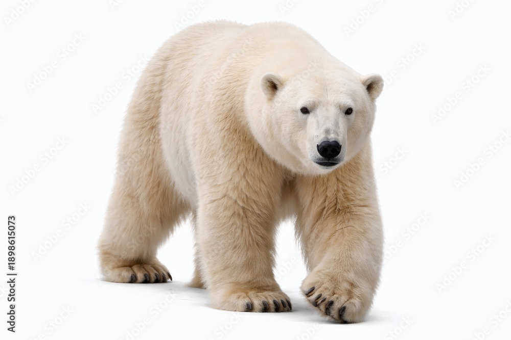 Fototapeta premium Polar bear walking forward photorealistic isolated on white background, slow smooth wildlife stock image