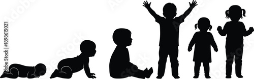 Child growth stages silhouette from crawling baby to standing toddler development sequence isolated on white background illustration vector