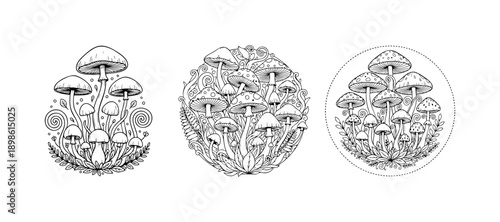 Whimsical Mushroom Cluster Coloring Page Illustration