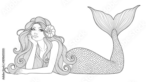 Beautiful mermaid lounging on the seabed with long flowing hair for children or adults coloring book page activity.