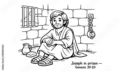 Biblical illustration of Joseph sitting in a stone prison cell with shackles