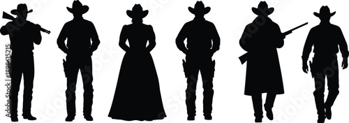 Wild West cowboy silhouettes lineup featuring western outlaws, sheriff figures, guns and hats isolated on white background illustration