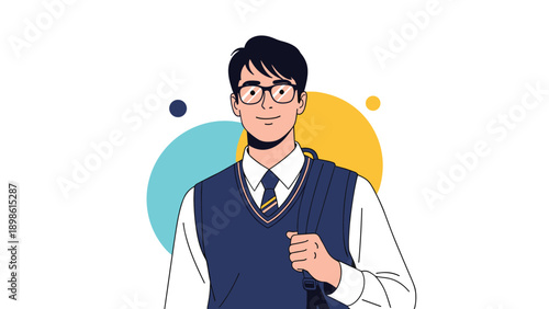 Intelligent young male student wearing glasses, school uniform, and carrying a backpack on a colorful background.