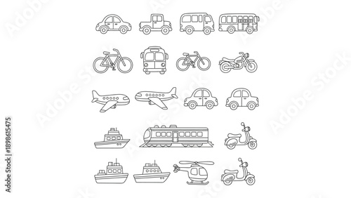 Transportation Collection: An assortment of various vehicle illustrations, showcasing diverse modes of travel, from cars and buses to airplanes, boats, and motorcycles.