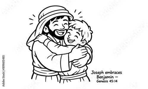 Joyful reunion: Joseph embraces his younger brother Benjamin in a warm hug