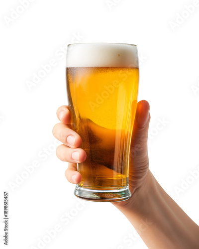 Hand holding a glass of beer with foam, isolated on white background, png