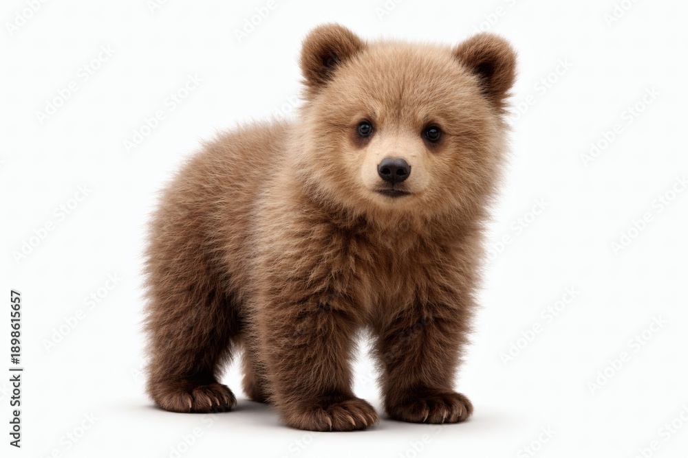 Obraz premium Young brown bear standing photorealistic isolated on white background, gentle calm wildlife stock image