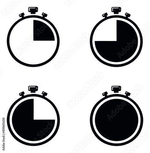 Simple graphic stopwatch icon set featuring different time intervals for speed and progress indicators