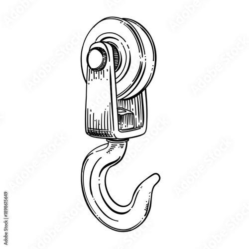 Pulley Hook Industrial Tool Vector Line Art Hand Drawn Illustration