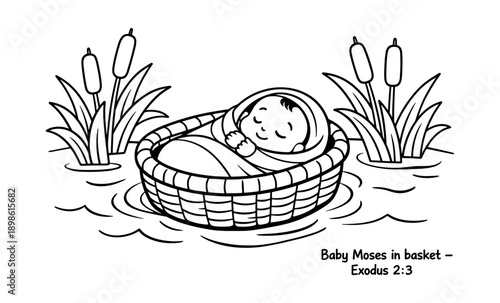 Baby Moses peacefully sleeping in a basket floating on the Nile river among reeds