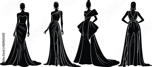 Elegant evening gown silhouettes set showcasing fashion models in luxury dresses, formal wear styles and haute couture design isolated on white background