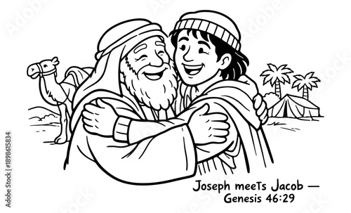 Joyful reunion of Joseph and Jacob in a desert setting with a camel and tent