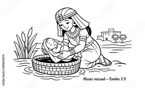 Biblical scene of Moses being rescued from the Nile River by Pharaoh's daughter