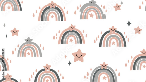 Sweet and dreamy seamless pattern for children with smiling rainbows, stars, and raindrops in soft pastel colors.