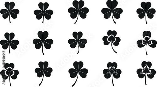 Four leaf clover silhouettes set symbolizing luck, Irish tradition, St Patrick’s Day icons and lucky charm illustration isolated on white background