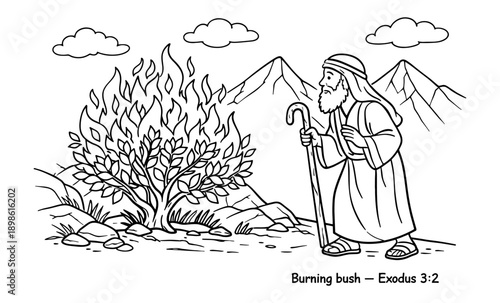 Moses encounters the burning bush, a divine revelation in the desert landscape