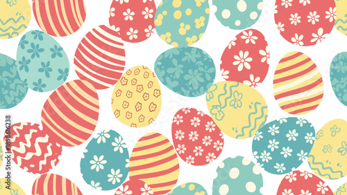 Colorful seamless pattern of decorated Easter eggs with floral and geometric designs on a white background for spring.