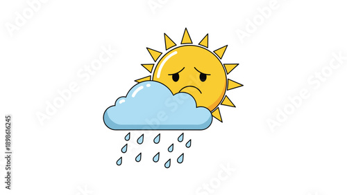 Cartoon illustration of a sad yellow sun hiding behind a blue rain cloud with falling water droplets on white background.