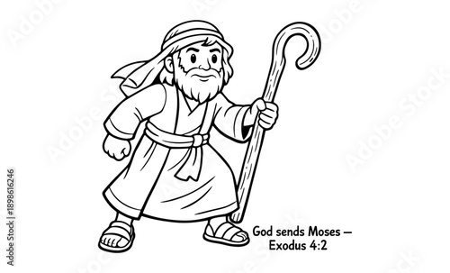 Cartoon Moses with staff, ready for his divine mission from God