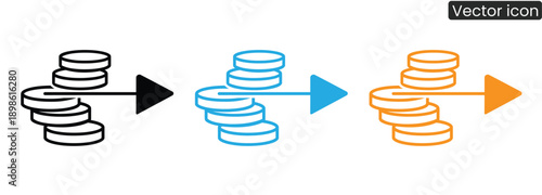 Three sets of stacked coins in different colors with arrows indicating financial transactions and growth