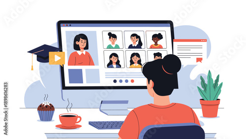 Remote education concept with a woman looking at a computer screen during a video conference with multiple participants.