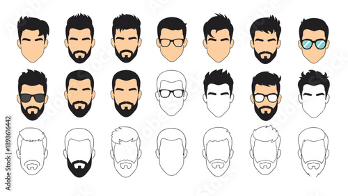 Collection of diverse male avatar headshots showing various hairstyles facial hair and glasses in flat and line art.