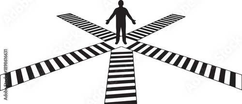 Person standing at multiple crossroads symbolizing life choices decisions and direction
