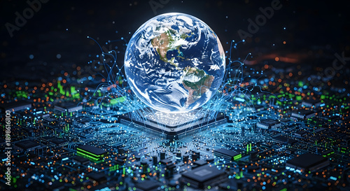 A glowing globe sits atop a microchip amidst a vibrant digital landscape of circuit boards and neon lights