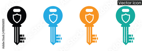 Four colorful key icons with shield symbols for security and protection concepts