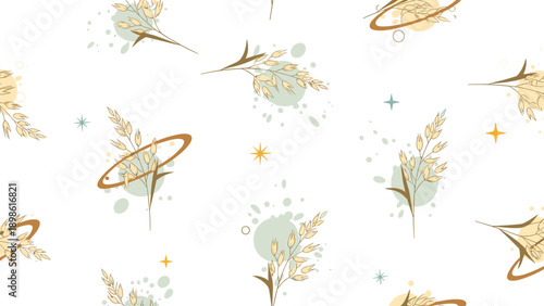 Delicate seamless pattern of wheat stalks and celestial stars with soft green spots on a white background.